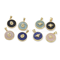 Natural Mixed Stone Pendants, with Golden Plated Brass Findings, Flat Round, 21.5x18x5mm, Hole: 4x3.5mm(G-L547-039G)