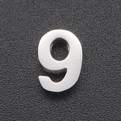 201 Stainless Steel Charms, for Simple Necklaces Making, Laser Cut, Number, Stainless Steel Color, Num.9, 8x5.5x3mm, Hole: 1.6mm(STAS-R109-JA432-9-1)