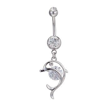 Piercing Jewelry Real Platinum Plated Brass Rhinestone Dolphin Navel Ring Belly Rings, Crystal, 51x16mm, Bar Length: 3/8"(10mm), Bar: 14 Gauge(1.6mm)