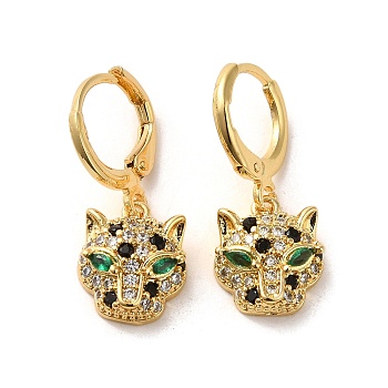 Leopard Head Brass Dangle Leverback Earrings, with Cubic Zirconia, Real 18K Gold Plated, 25.5x10.5mm