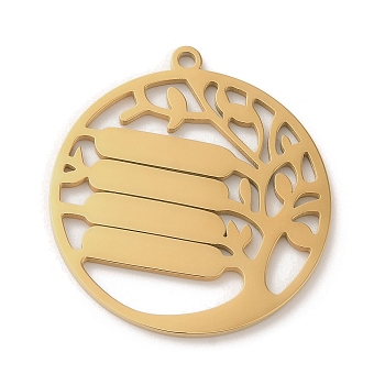 Ion Plating(IP) 304 Stainless Steel Pendants, Laser Cut, Flat Round with Tree Charm, Real 18K Gold Plated, 32.5x30x1.5mm, Hole: 1.8mm