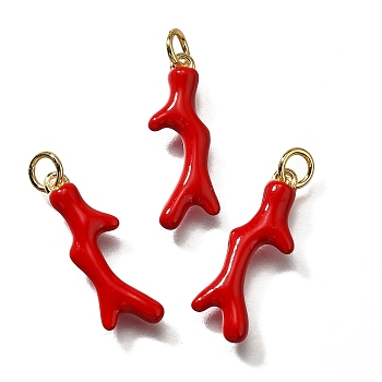 Brass Enamel Pendants, with Jump Ring, Coral Charms, Cadmium Free & Lead Free, Lasting Plated, Real 18K Gold Plated, Red, 22x8.5x2.5mm, Hole: 3mm