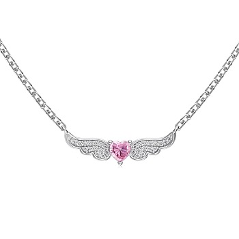925 Sterling Silver Pendant Necklaces, Micro Pave Clear Cubic Zirconia, Heart with Wing, Real Platinum Plated, 15.75 inch(40cm)