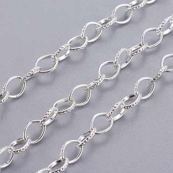Iron Cable Chains, Textured, Unwelded, with Spool, Flat Oval, Silver Color Plated, 8x6x1mm, about 15cm/strand