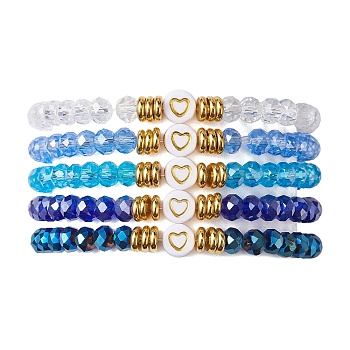5Pcs Glass & Brass & Acrylic Beaded Stretch Bracelets Set, Heart Stackable Bracelets, Deep Sky Blue, Inner Diameter: 2-1/8 inch(5.4cm)