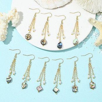 Shell Pearl & Abalone Shell/Paua Shell Dangle Earrings for Women, with 304 Stainless Steel Earring Hooks, Golden, Mixed Shapes, 65x8~10mm