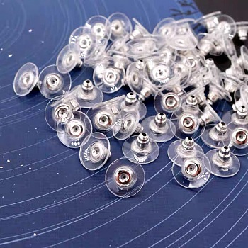 100Pcs Plastic Ear Nuts, Clutch Earring Backs with Metal Finding, Silver, 10x10x6mm