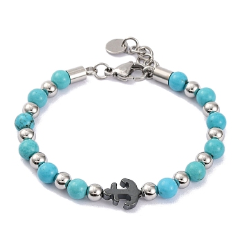 Synthetic Turquoise & Synthetic Magnetic Hematite Anchor Beaded Bracelet, 8-1/2 inch(21.5cm)