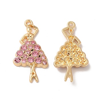 Rack Plating Alloy Pandants, with Glass, Nickel Free, Dancing Girl Charms, Golden, Pink, 31x16x4mm, Hole: 1.6mm