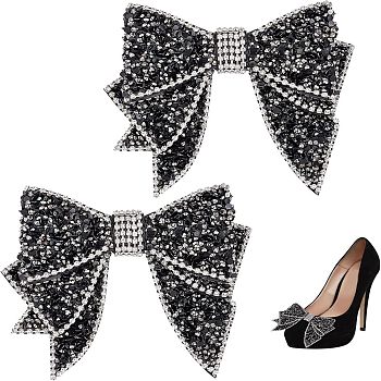 2Pcs Resin Rhinestone Bowknot Shoes Charms, No Clip, No Strap, for DIY Women Shoes, Bags Decoratinons, Black, 116x117x15mm