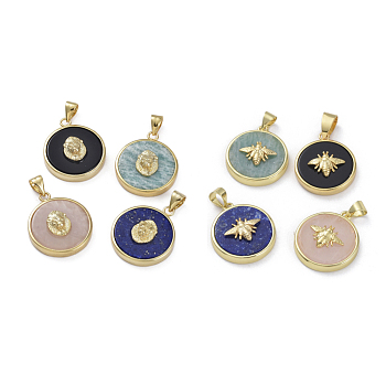 Natural Mixed Stone Pendants, with Golden Plated Brass Findings, Flat Round, 21.5x18x5mm, Hole: 4x3.5mm
