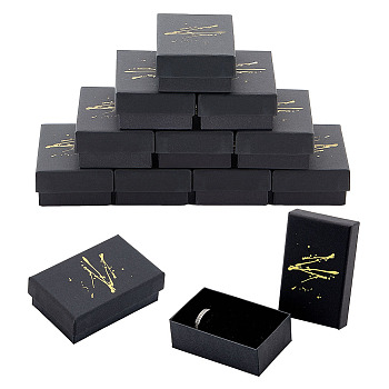 HOBBIESAY 12Pcs Cardboard Jewelry Packaging Boxes, with Sponge Inside, for Rings, Small Watches, Necklaces, Earrings, Bracelet, Rectangle with Gold Stamping Pattern, Black, 8.1x5.2x2.8cm