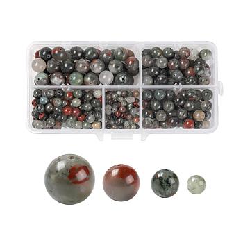 340Pcs 4 Sizes Natural African Bloodstone Beads, Heliotrope Stone Beads, Round, 4mm/6mm/8mm/10mm, Hole: 1mm
