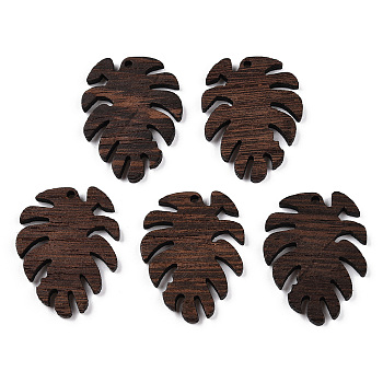Natural Wenge Wood Pendants, Undyed, Leaf Charms, Coconut Brown, 37.5x29x3.5mm, Hole: 2mm