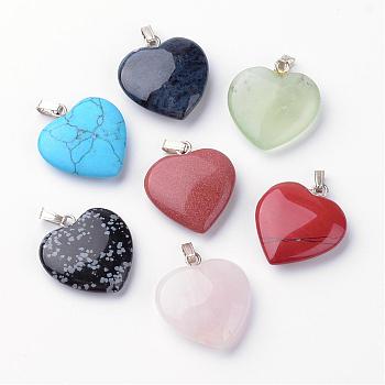 Synthetic & Natural Natural & Synthetic Mixed Stone Pendants, Heart, Platinum, 21~23x19~20x4.5~6.5mm, Hole: 2mm