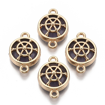 Glass Links connectors, with Light Gold Plated Alloy Findings, Flat Round with Helm, Indigo, 13.5x19.5x6.5mm, Hole: 1.6mm