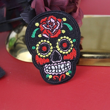 Sugar Skull Computerized Embroidery Style Cloth Iron on/Sew on Patches, Appliques, Badges, for Clothes, Dress, Hat, Jeans, DIY Decorations, for Mexico Day of the Dead, Black, 73x54mm