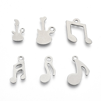 201 Stainless Steel Charms, Stamping Blank Tag, Laser Cut, Music Theme Shapes, Stainless Steel Color, 11.5~15.5x7~12x0.7~0.8mm, Hole: 1.2~1.8mm, 6 patterns, 1 pattern/200pcs