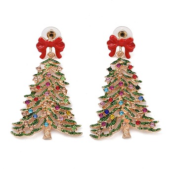Bowknot Christmas Tree Alloy Colorful Rhinestone & Enamel Dangle Stud Earrings for Women, Light Gold, 59x36mm