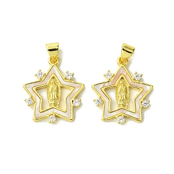 Real 18K Gold Plated Brass Micro Pave Cubic Zirconia Pendants, with Shell, Star, 22x19x2.5mm, Hole: 3.5x4.5mm