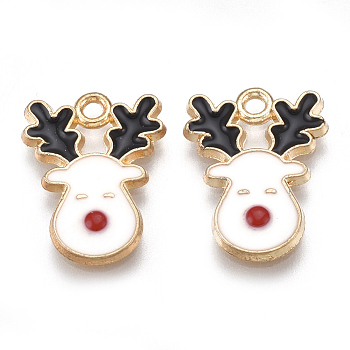 Alloy Pendants, Cadmium Free & Lead Free, with Enamel, Christmas Reindeer/Stag, Light Gold, Creamy White, 17x13x1.5mm, Hole: 1.5mm