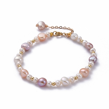 Natural Baroque Pearl Keshi Pearl Beaded Bracelets, with Brass Round Beads and 304 Stainless Steel Spring Ring Clasps, Colorful, 7-1/2 inch(19cm)