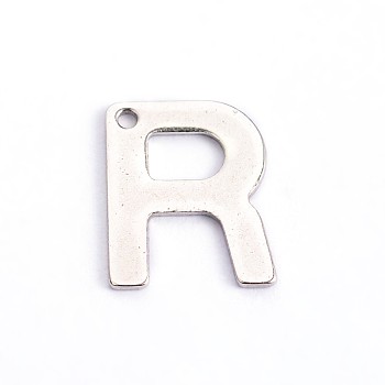 304 Stainless Steel Letter Charms, Letter.R, 11x9x0.8mm, Hole: 1mm