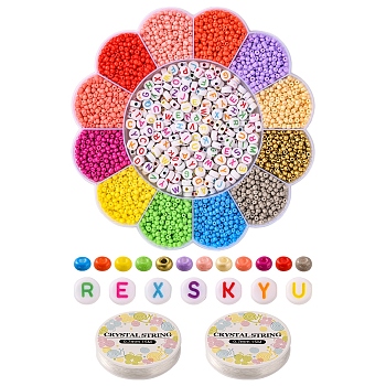 DIY Letter Bracelet Making Kit, Including Craft Acrylic & Glass Round Seed Beads, Elastic Thread, Mixed Color, 3370Pcs/set