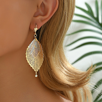 Brass Leaf Hoop Earrings, with Colorful Enamel, Retro and Versatile for women, Golden, 82x30mm