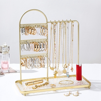 Multifunctional Iron Jewelry Display Rack, with Jewelry Tray, For Hanging Necklaces Earrings Braceletss, Golden, 30x13.7x32.5cm