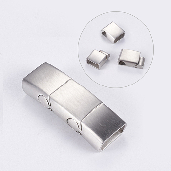 304 Stainless Steel Magnetic Clasps with Glue-in Ends, Frosted, Rectangle, Stainless Steel Color, 39x13.5x8mm, Hole: 6x11.5mm