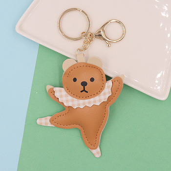 PU Leather Dancing Bear Keychain, with Iron Findings, for Women Bag Car Key Decorations, Chocolate, 14cm