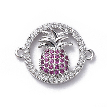 Brass Micro Pave Cubic Zirconia Links connectors, Ring and Pineapple, Hot Pink, Platinum, 15x19x3mm, Hole: 1.2mm