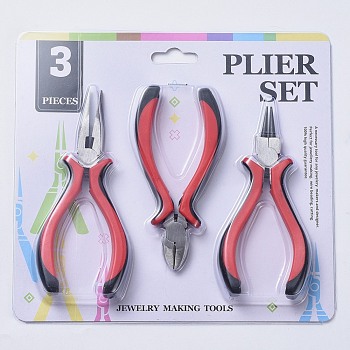 Iron Jewelry Tool Sets: Round Nose Pliers, Wire Cutter Pliers and Side Cutting Pliers, Red, 114~131mm, 3pcs/set