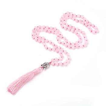 Tassel Pendant Necklaces, with Natural Rose Quartz Beads, Buddha Head, 31.1 inch~33 inch(79~84cm)
