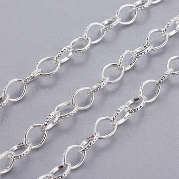 Iron Cable Chains, Textured, Unwelded, with Spool, Flat Oval, Silver Color Plated, 8x6x1mm, about 15cm/strand(Y-CH-R034-S)