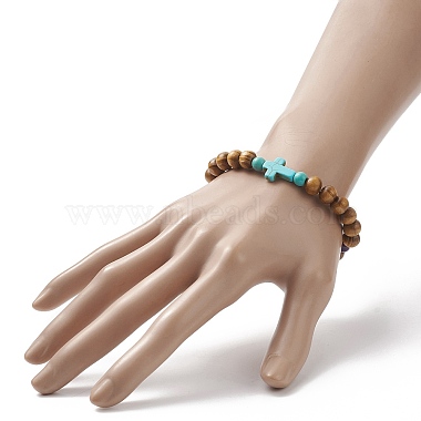 Женский эластичный браслет из синтетической бирюзы (окрашенной) с крестом и бисером из натурального дерева(BJEW-JB09150)-6