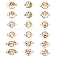 18Pcs 9 Styles Alloy Crystal Rhinestone Connector Charms, with Enamel Evil Eye/ladybug, Tree of Life Links, Golden, Mixed Color, 10.5~23x14~26x2~3.5mm, Hole: 1.6~2mm, 2pcs/style(FIND-FH0008-66)