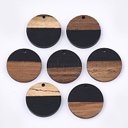 Resin & Walnut Wood Pendants, Flat Round, Black, 24.5~25x2.5~4.5mm, Hole: 2mm(RESI-S358-02D-08)