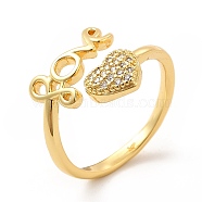 Clear Cubic Zirconia Heart & Word Love Open Cuff Ring, Brass Jewelry for Valentine's Day, Real 18K Gold Plated, US Size 7 3/4(17.9mm)(KK-H439-09G)
