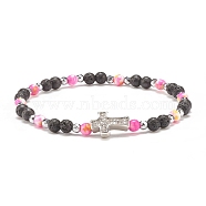 Natural & Synthetic Mixed Gemstone Beaded Stretch Bracelet with Clear Cubic Zirconia Cross for Women, Hot Pink, Inner Diameter: 2-1/4 inch(5.6cm)(BJEW-JB08247-04)