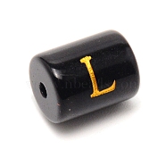 Painted Glass Beads, Black Column with Gold Letter, Letter.L, 13.7x10mm, Hole: 1.5mm(GLAA-TAC0009-01L)