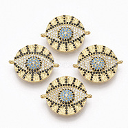 Brass Micro Pave Cubic Zirconia Links connectors, Flat Round with Evil Eye, Colorful, Golden, 18x22.5x3.5mm, Hole: 1.2mm(ZIRC-T012-74G)