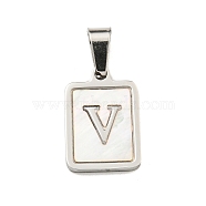 304 Stainless Steel Pave Natural White Shell Pendants, Rectangle with Letter Charms, Stainless Steel Color, Letter V, 17.5x12x1.5mm, Hole: 6x3mm(STAS-S130-03P-V)