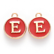Golden Plated Alloy Enamel Charms, Cadmium Free & Lead Free, Enamelled Sequins, Flat Round with Letter, Red, Letter.E, 14x12x2mm, Hole: 1.5mm(X-ENAM-S118-03E)