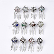 Alloy Cage Big Pendants, Hollow Round, with Synthetic Mixed Stone Round Beads, Antique Silver, Woven Net/Web with Feather, Mixed Color, 57~58x24x20.5mm, Hole: 8.5x3.5mm, Inner Diameter: 17mm, Bead: 15.5~16mm(G-S246-16)