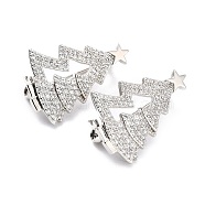 Brass Micro Pave Clear Cubic Zirconia Brooch for Christmas, Long-Lasting Plated, Lead Free & Cadmium Free & Nickel Low, Christmas Tree, Platinum, 26.5x18x8mm, Pin: 0.8mm(ZIRC-I053-10P)