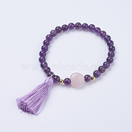 Tassel Charm Bracelets, with Natural Amethyst Beads, Round, 2 inch(52mm)(BJEW-P190-05F)