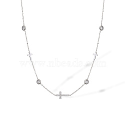 Religion 304 Stainless Steel Pave Clear Cubic Zirconia Cross Link Chain Necklaces for Women, Stainless Steel Color, 17.72 inch(45cm)(WGE3C6C-02)