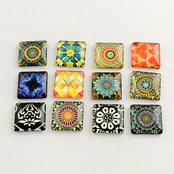 Floral Pattern Glass Flatback Square Cabochons for DIY Projects, Mixed Color, 15x15x5mm(X-GGLA-S022-15mm-37)